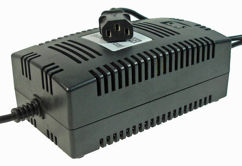 24 Volt 2.0 Amp 3-Pin Battery Charger (Blemished), featuring a black electronic device with a plug and a minor crack in the bottom plastic case.