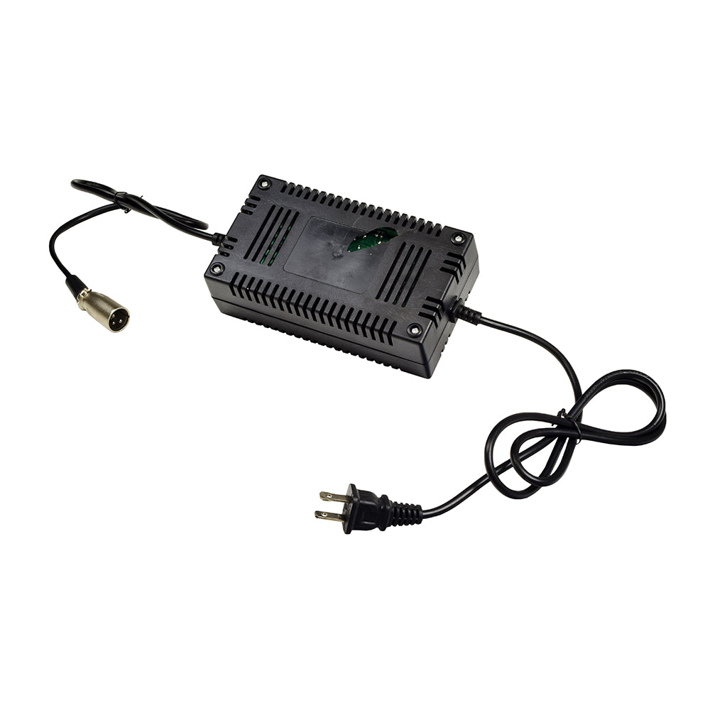 36 Volt 1.6 Amp XLR Battery Charger (Blemished) with visible green LED lights, attached wires, and a cracked plastic case. Fully functional and compatible with various electric scooter models.