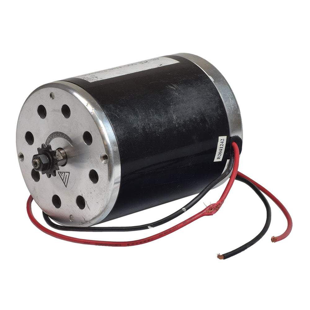 48 Volt 500 Watt Electric Motor with 11 Tooth for #25 Chain Sprocket (Blemished), featuring a black and silver body with red and black wires.