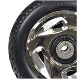 220x75 Solid Black Front Wheel Assembly for Golden Technologies Companion I & II (GC240 and GC340) mobility scooters, highlighting a close-up of the tire and scratched silver hub.