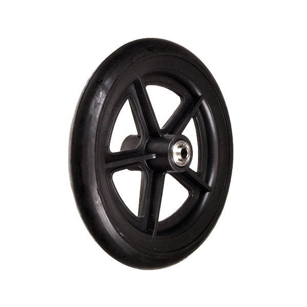 Black Universal 8 Wheelchair Caster Wheel with 608ZZ Bearings (Blemished), featuring a black tire with a metal center, showing minor scratches and scuffs. Ideal for cost-effective mobility solutions.