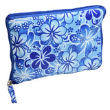 Blue Hawaiian Basket Liner (Blemished) with blue and white floral pattern, reversible, fits standard baskets, converts to drawstring bag, includes two inner pockets, visible small tear on the underside.