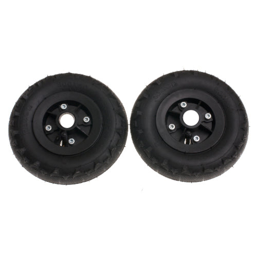 Razor Dune Buggy Front Wheels (Set of 2) (Blemished) featuring black wheels with semi-knobby tires, visible central holes, and lacking 6000ZZ bearings and spacers. Ideal for DIY enthusiasts.