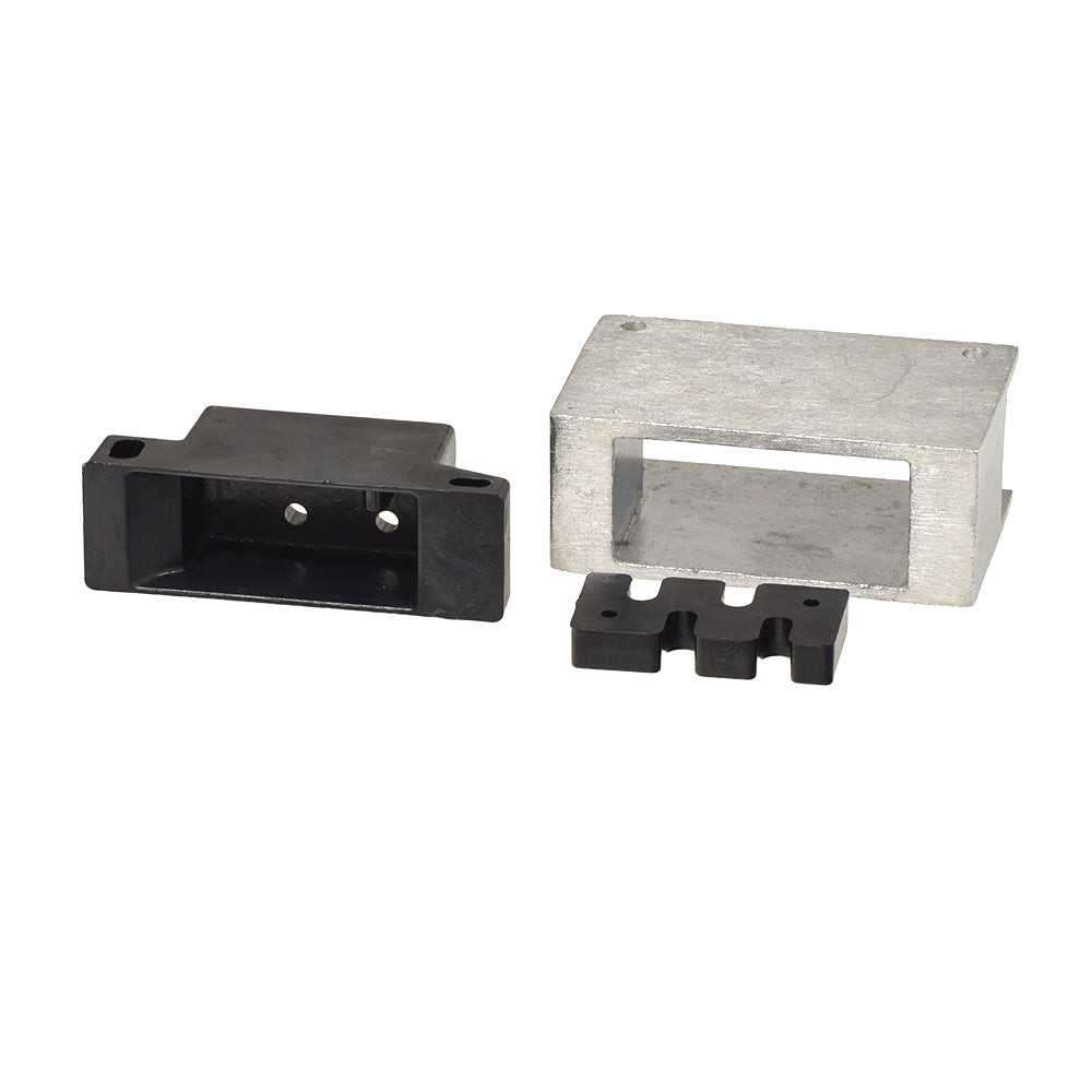 Female Power Connector Housing without Hardware for the Go-Go Elite Traveller, Pride Victory 9, and Victory 10 (Blemished) - black and silver metal assembly with visible holes and plastic inner parts.