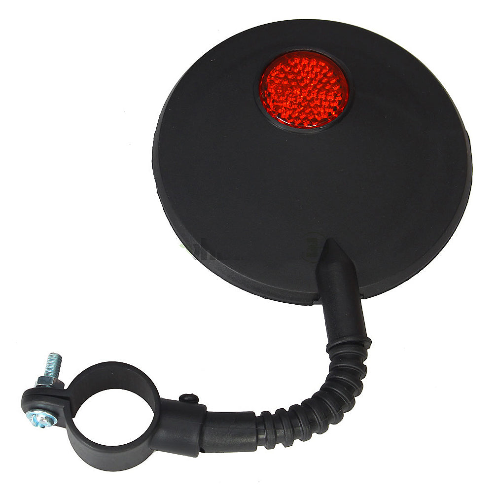 Flexible Handlebar Mount Rearview Mirror (Blemished) featuring a black circular design with a red reflector light on the back, attached to a gooseneck rod for easy adjustment.