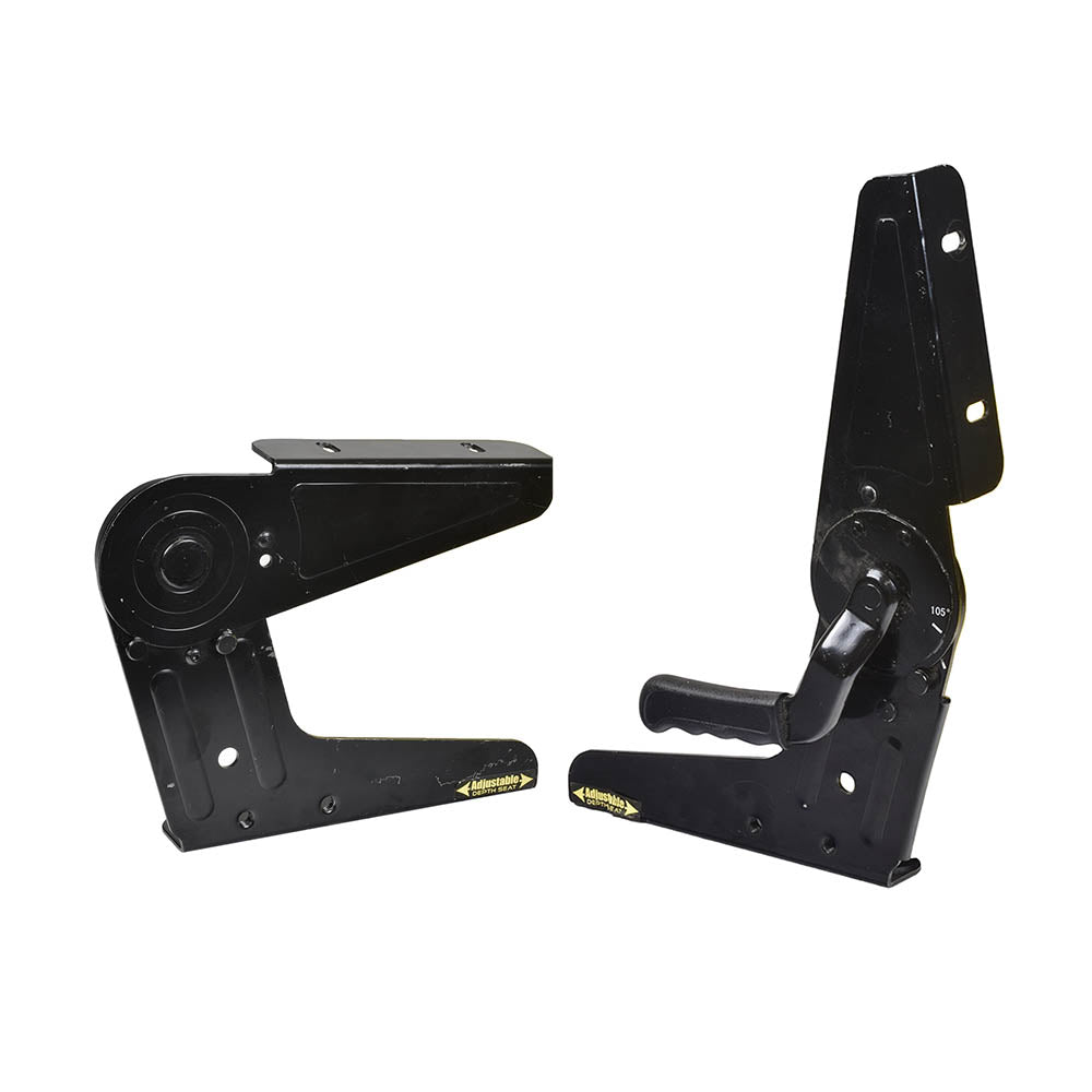 Fold-Flat Seat Hinge Set for the Golden Technologies Compass (GP600) (Blemished) - a pair of black metal brackets with minor blemishes, designed as replacement hinges for power chairs.