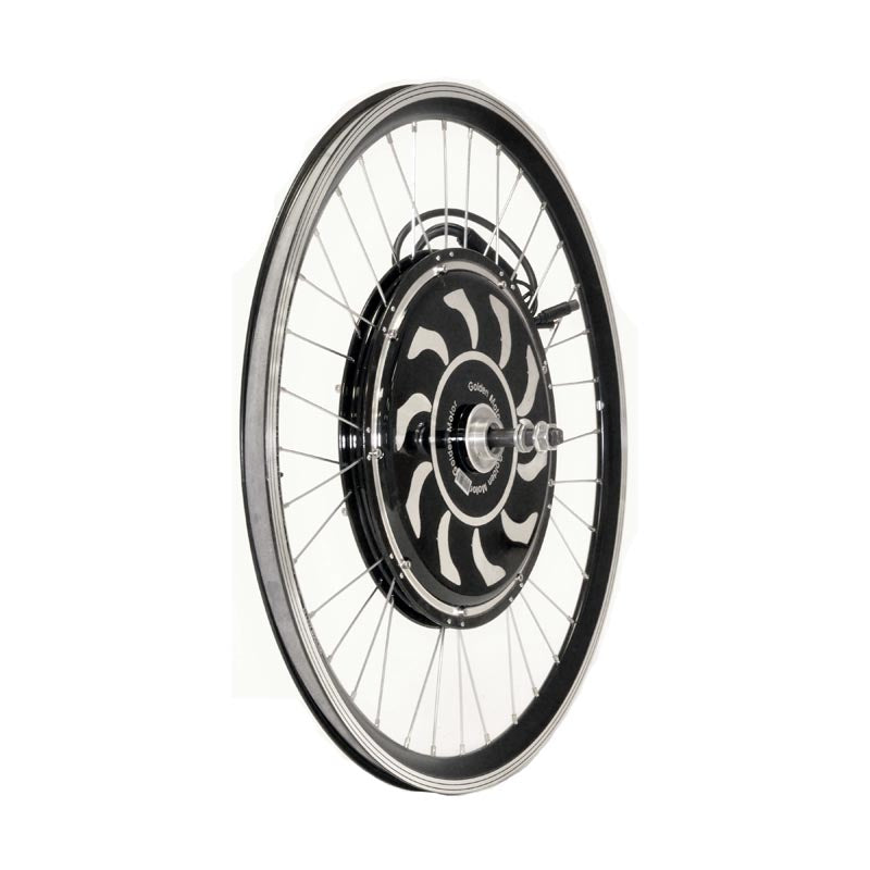 Rear Magic Pie 3 Electric Bike 26 Spoked Rim with Hub Motor, featuring a close-up view of the black and white spoked wheel.