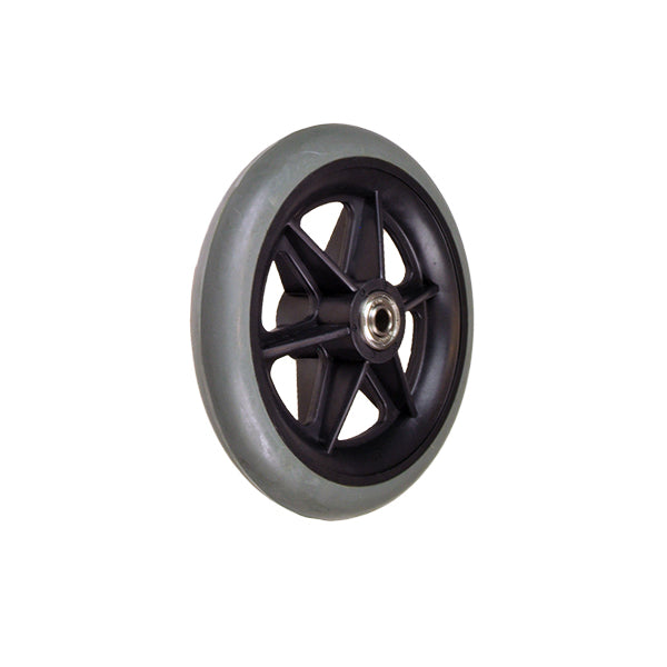 Gray Universal 6 Wheelchair Caster Wheel with 608ZZ Bearings (Blemished) featuring a black rim and minor scrape marks on the gray rubber from shipping.