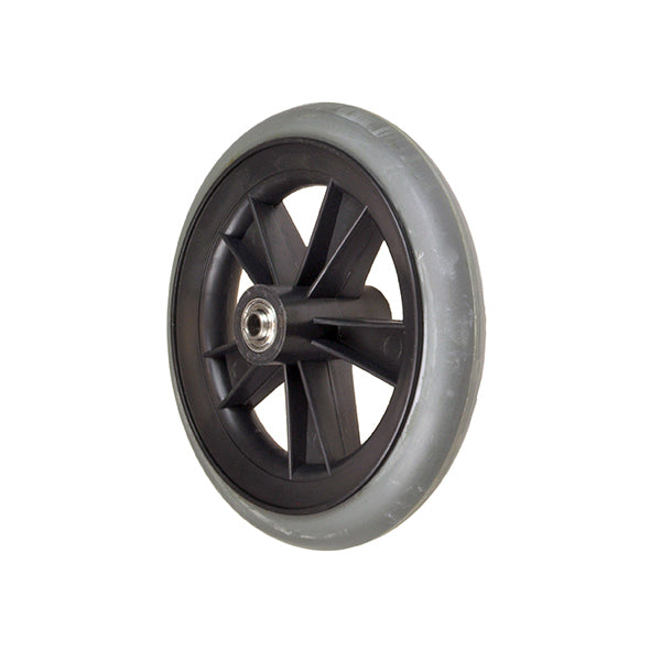 Gray Universal 7 Wheelchair Caster Wheel with 608ZZ Bearings (Blemished); features a slightly discolored rubber tire and minor scrapes, but remains a functional and cost-effective replacement part.