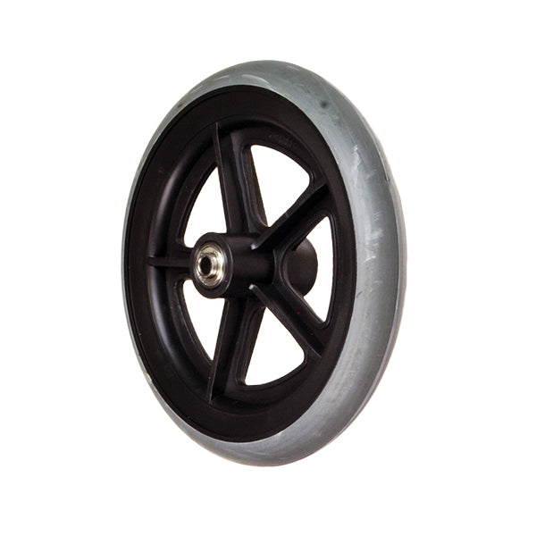 Gray Universal 8 Wheelchair Caster Wheel with 608ZZ Bearings (Blemished) featuring a black rim, showing minor scratches and scuffs from packing.