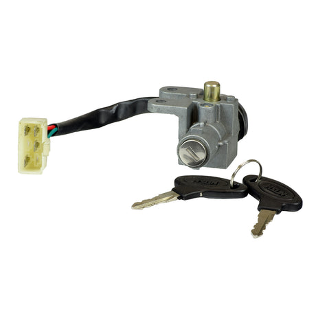 50cc, 125cc, and 150cc Scooter Ignition Module (Key Switch) Complete Assembly with Keys and 4 Pin Connector (Blemished), showing a close-up of the ignition/lock assembly, keys, and keychain.