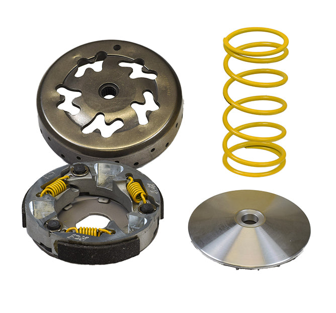 Performance Transmission Kit for the 50cc Yamaha Zuma 50 (Used) (Blemished) includes a metal object with yellow springs and a circular metal disc with holes, showcasing clutch assembly and roller weights.