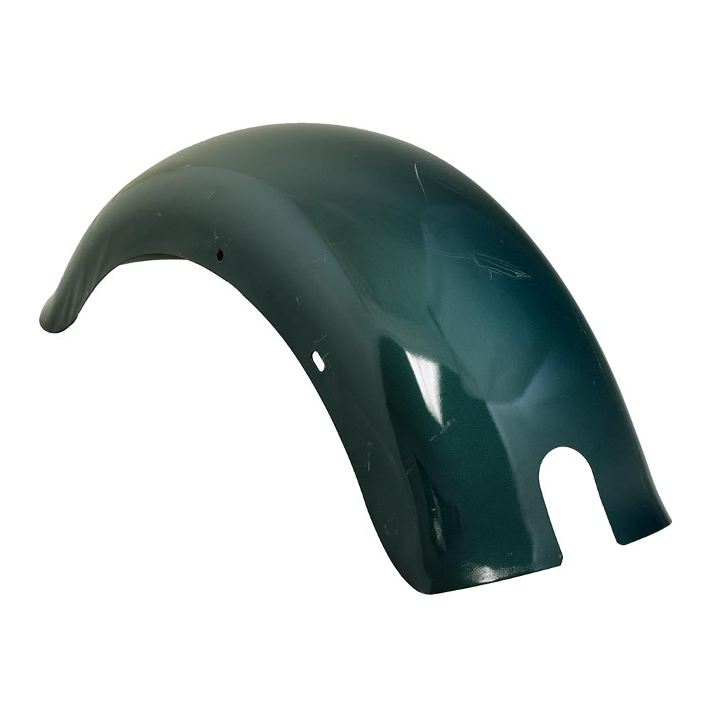 Green Metal Rear Fender for the Baja Mini Bike MB165 (Blemished) featuring minor scratches, but structurally intact. Ideal for replacing or rebuilding your Mini Bike MB165 with original parts.