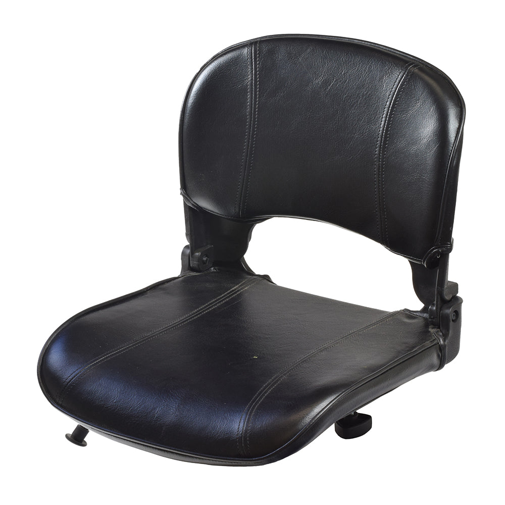 Seat Assembly for the Drive Medical Daytona GT and Phoenix Mobility Scooters (Blemished); black leather seat cushion and backrest, minor vinyl blemishes, pre-assembled with steel frame, no armrests.