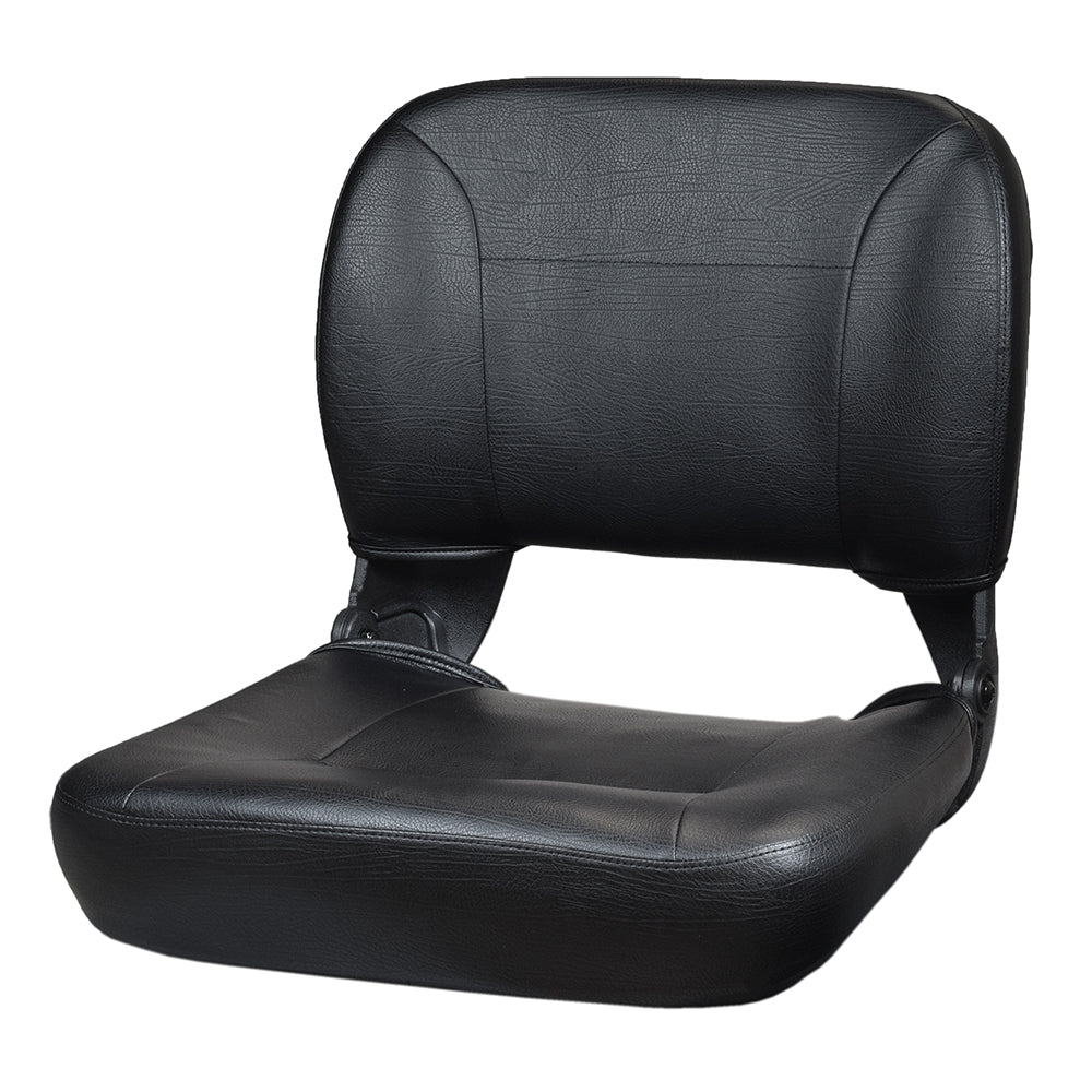 Deluxe Universal Seat Assembly for Mobility Scooters (Blemished) featuring a black leather seat with backrest, showcasing minor scrapes on the vinyl upholstery.