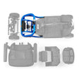 Visible part of the blue front frame shown in color on a taken-apart Golden LiteRider GL141, rest of the scooter greyed out