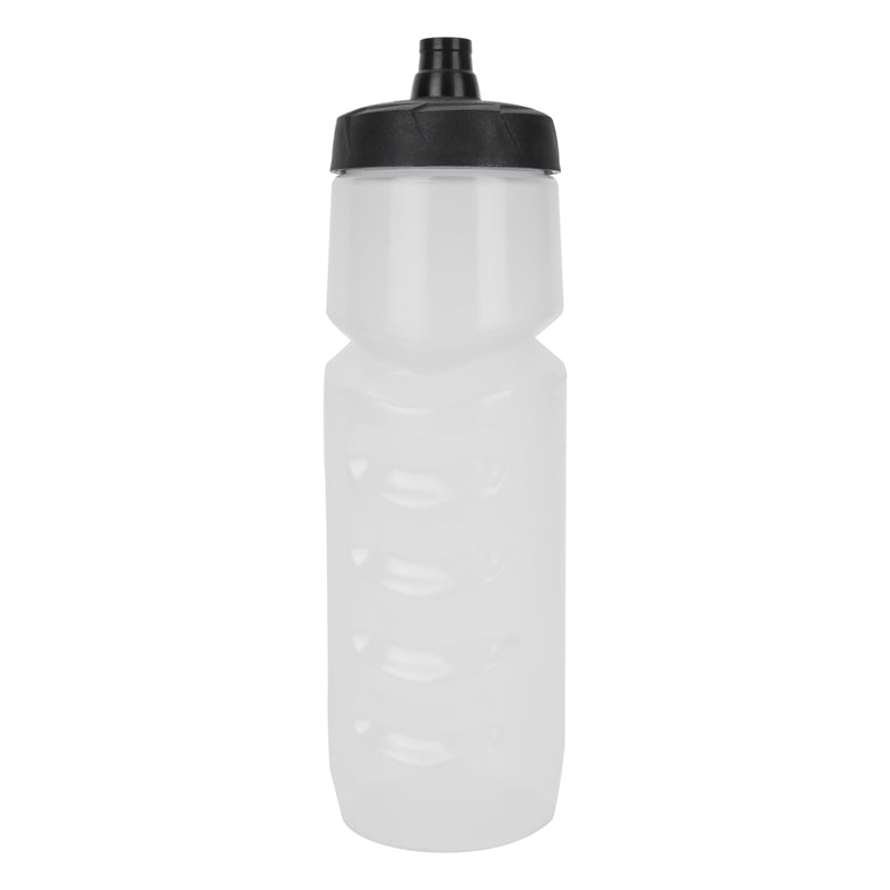 Seacoast PowerFlow Water Bottle, white plastic with a black lid, featuring a patented one-way valve for easy, leak-proof hydration. 26 oz capacity, BPA free, and recyclable.