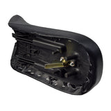 Black Vinyl Seat for 50cc, 70cc, 90cc, & 110cc ATVs from Baja Motorsports, Roketa, SunL, & Taotao, featuring a dimpled non-slip texture and a gold metal handle, with included screws.