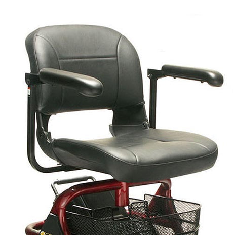 Seat Assembly with Armrests for the Golden Liteway (GL100) scooter, featuring a black chair with a basket on the back and integrated armrests, designed for enhanced comfort and functionality.