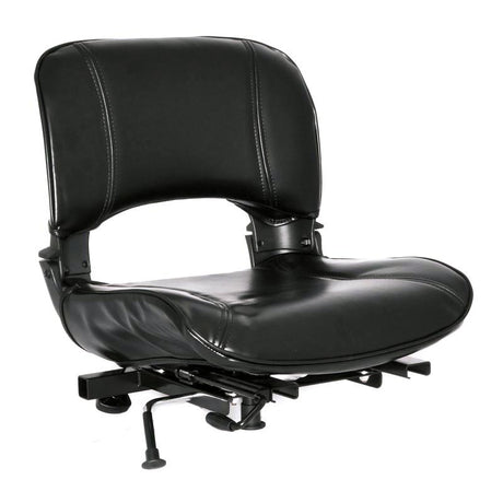 Seat Assembly for the Drive Medical Daytona GT and Phoenix Mobility Scooters, featuring a black office chair design with wheels, armrests, and visible white stitching on the black leather cushions.