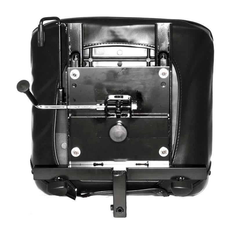 Seat Assembly for the Drive Medical Daytona GT and Phoenix Mobility Scooters, featuring a black seat with a lever, steel frame, and armrest bar knobs, viewed from the top.