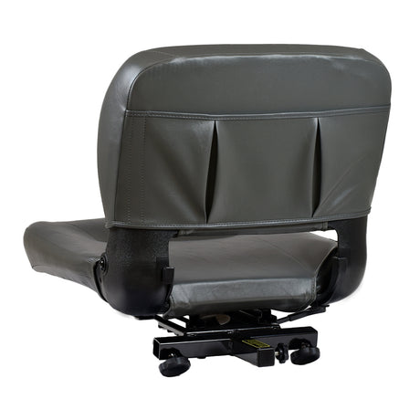 Black Seat & Seat Swivel Base Assembly for Golden Technologies Mobility Scooters, featuring a grey leather chair with wheels and a black back, showcasing a cushiony seat and paddle-style push-down lever.