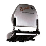 Complete Seat Assembly for the Rascal 600T ConvertAble Mobility Scooter, featuring a silver seat with a logo, flip-up armrests, adjustable steel hinges, and under seat mounting bracket, shown in a close-up view.