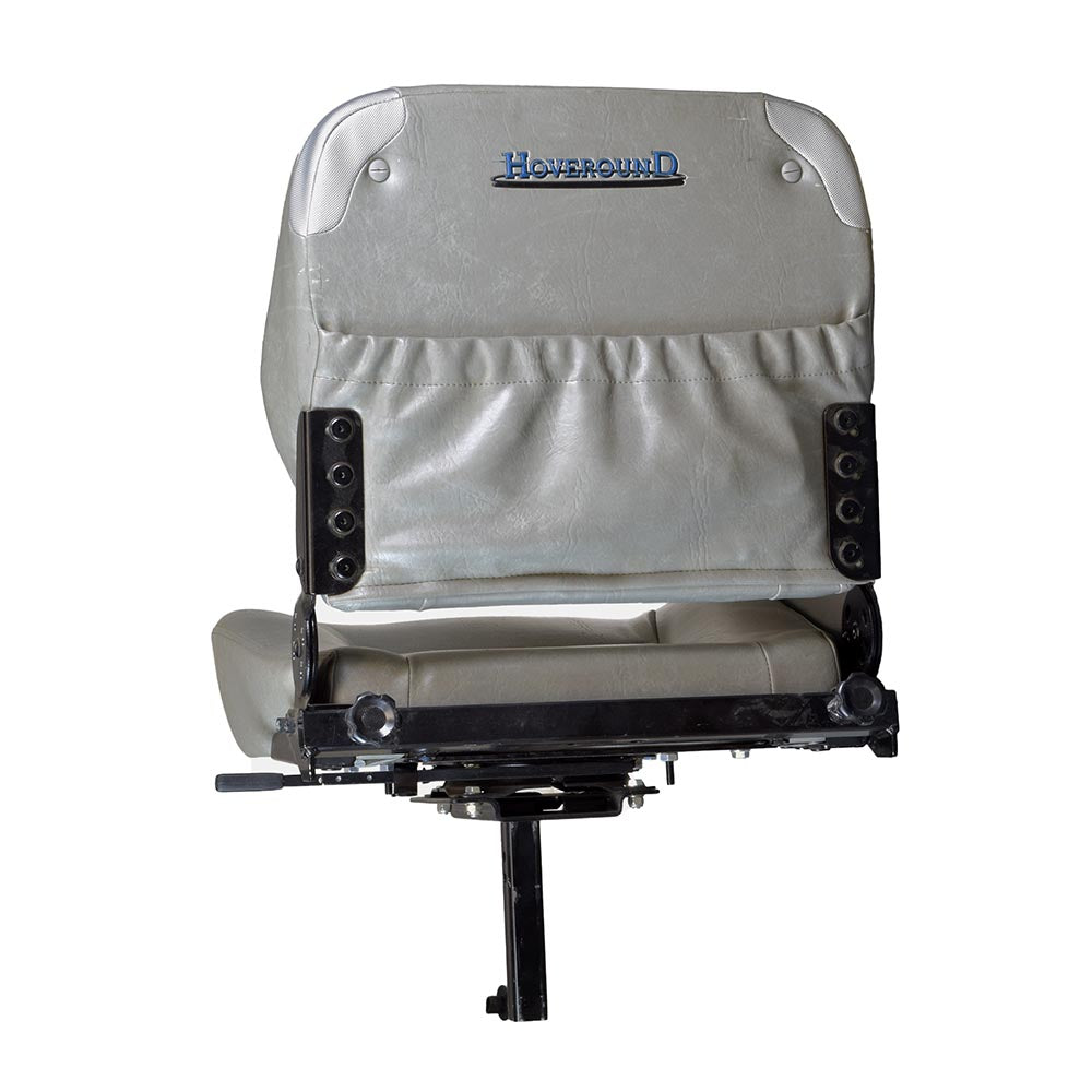 Seat Assembly with Base for Hoveround® MPV4® and MPV5® (Used), featuring a sturdy grey seat with black legs and a logo, designed for enhanced riding comfort.