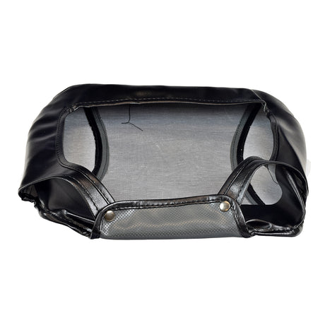 Seat Base Cushion Cover for the ActiveCare Spitfire EX 1420, featuring a black leather exterior with a mesh interior and a black strap, designed for easy installation and removal for cleaning.