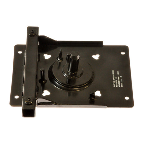 Seat Base with Leg Rest Receiver for Jet Power Chairs, featuring a black metal plate with holes and a screw; does not include the lever. Ideal for various Jazzy and Jet power chair models.