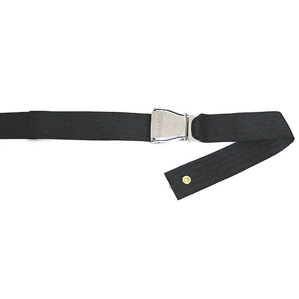 Seat Belt with Airline Buckle for Scooters and Power Chairs, featuring a durable 2 black nylon webbing and a secure silver airline-style buckle for quick release, shown in a close-up view.