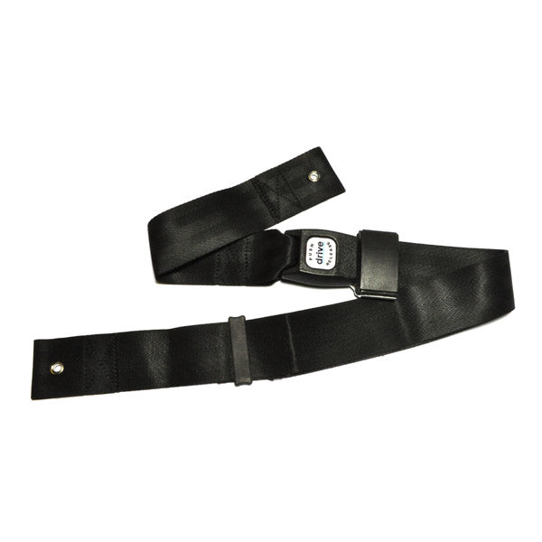 Seat Belt with Auto Style Buckle for Drive Medical Scooters and Power Chairs, showcasing a close-up of the sturdy buckle and the 2 wide nylon strap designed for safety and compatibility.