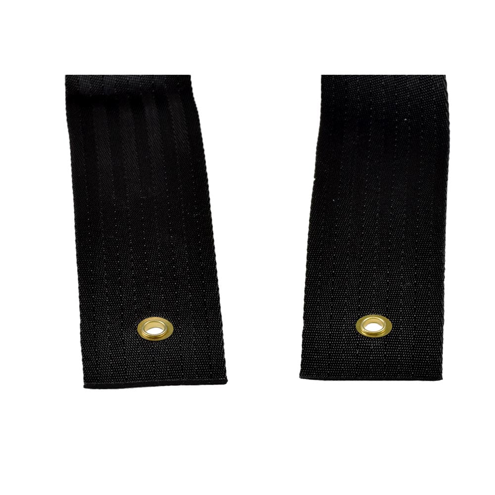 Seat Belt with Velcro Buckle for Scooters and Power Chairs, featuring durable black fabric with gold rings and a close-up view of the adjustable velcro fastening system for enhanced safety and comfort.