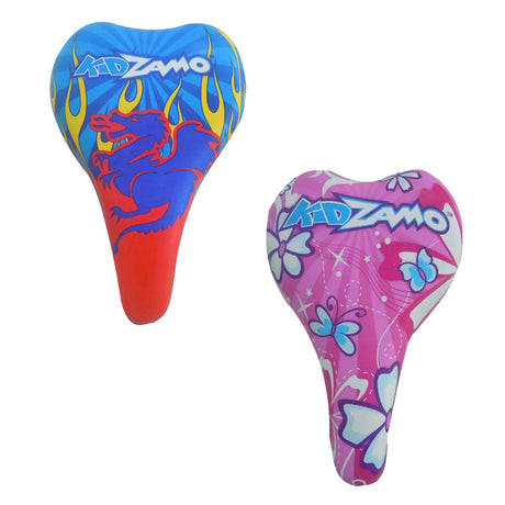 Pair of KidZamo bicycle and scooter seats with padded vinyl tops, featuring embossed designs.