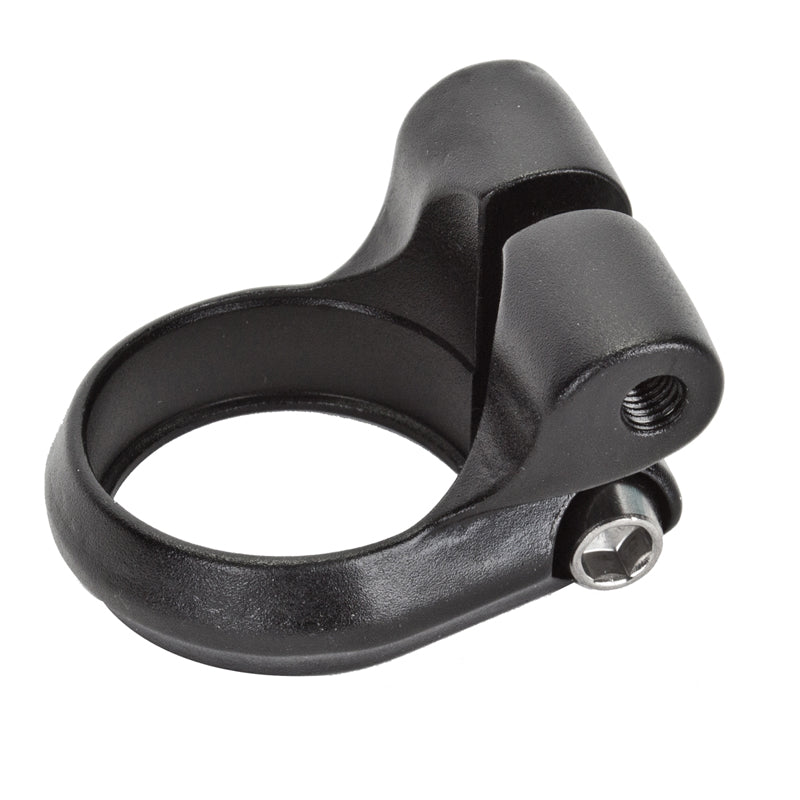 Seat Clamp with Rack Mount for 28.6mm Posts featuring a black metal ring with an integrated screw, designed for secure attachment on bikes and scooters, enhancing practicality with its sturdy construction.