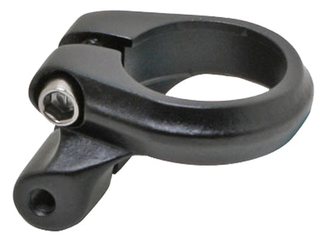 Seat Clamp with Rack Mount for 28.6mm Posts, a black metal object with a screw, designed for secure attachment to bikes or scooters, enhancing functionality with a practical rack mount.