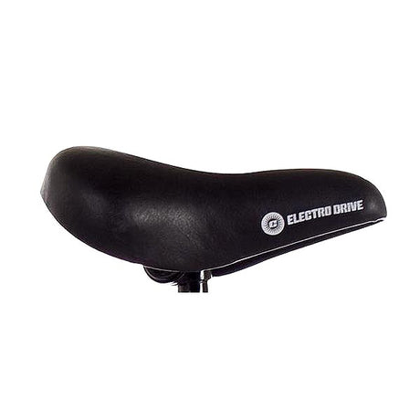 Black bicycle seat for eZip 4.5, eZip 400, and eZip 450 with Electro Drive Logo, designed for Currie-made scooters like Schwinn 4.0, GT, IZIP, and Mongoose models.