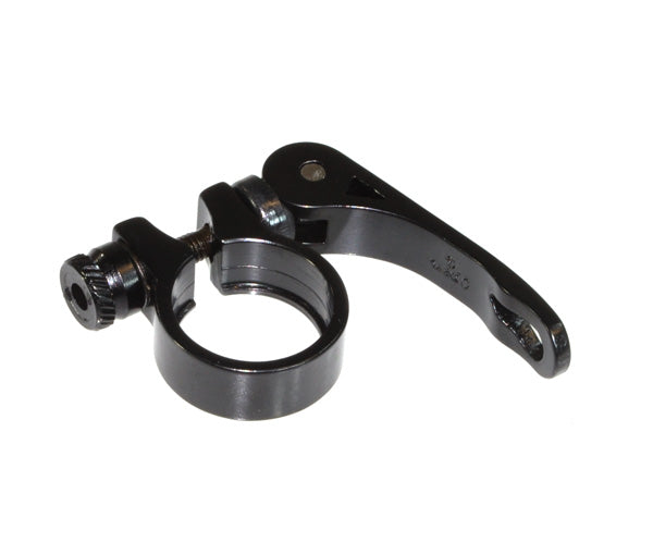 Seat Post Clamp with Quick Release for Currie Scooters, showing a close-up of the black metal ring and lever mechanism.