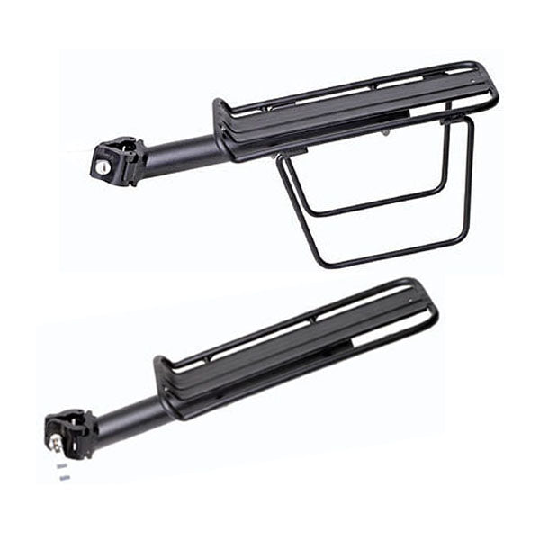 Seat Post Mounted Rack with Quick Release shown in black metal with a screw attachment, designed for easy installation on bicycles and scooters.