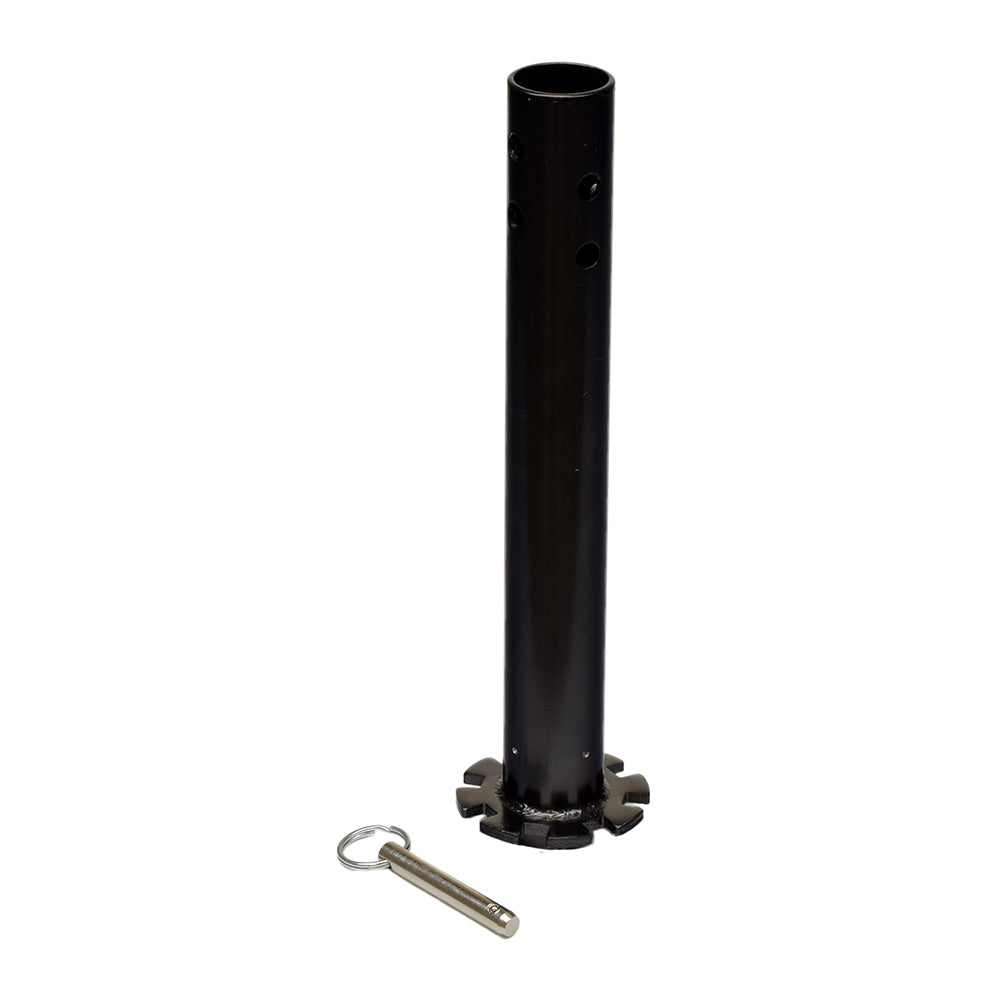 Seat Post for Pride Travel Pro SC36, a black metal cylinder with an adjustable 3-hole design, includes a key, bushing, and pin. Ideal replacement part for ensuring scooter functionality.