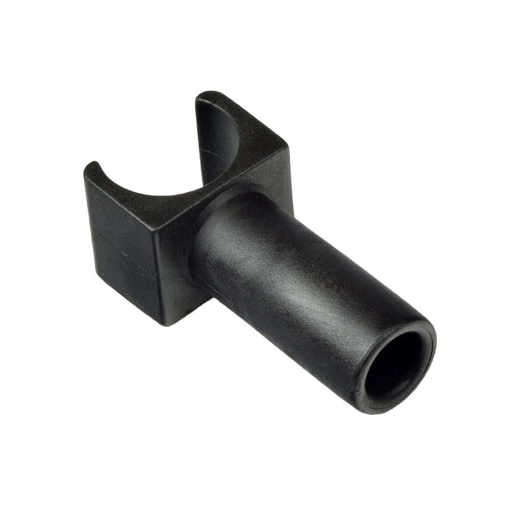 Seat Rail Guide for 9/16 Tube Drive Aluminum Transport & Poly-Fly Manual Wheelchairs: A black plastic part with a central hole, integral for connecting seat and back frame tubes.