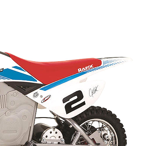 Close-up of the Seat with Body Fairing for the Razor SX500 McGrath Dirt Rocket, showing the detailed structure and mounting bolts, highlighting the wheel and suspension parts of the dirt bike.