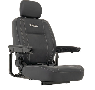 Seat Assembly for the Jazzy EVO 613, EVO 614 & EVO 614HD Power Chairs, featuring a black leather seat with adjustable armrests, shown in close-up.