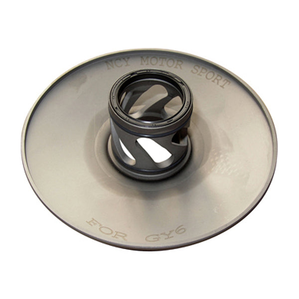 Secondary Slider for 125cc and 150cc GY6 Engines, featuring a grey circular design with a central black circle, made of high-quality metal for competitive riding modifications.