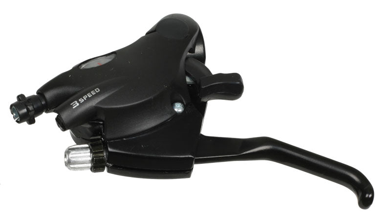 Shifter Pair with V-Brake Levers for 3x8 Shimano Gears, featuring a black bicycle handlebar with an integrated lever, suitable for various types of bikes and scooters by Sunlite.