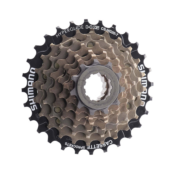 7 Speed Freewheel Chain Sprocket for Electric Bikes: Close-up of a Shimano Hyperglide 7-speed gear, showcasing its intricate metal teeth and precision engineering, ideal for electric bike conversion kits.