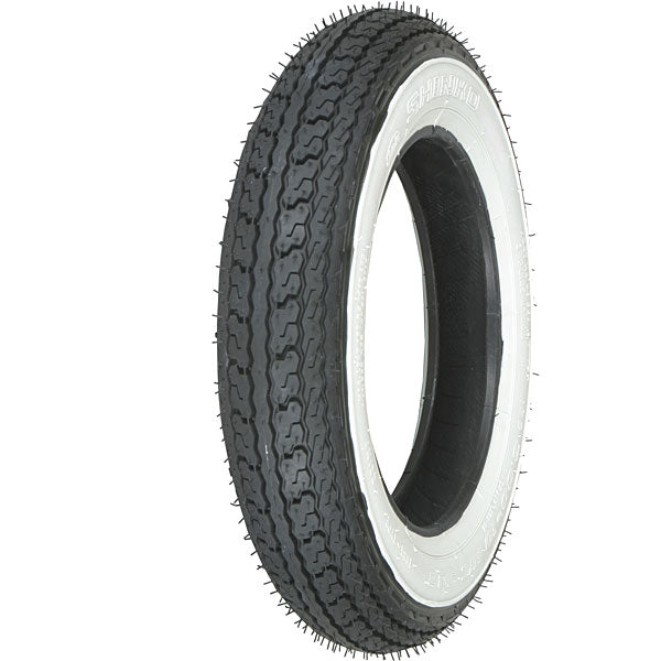 Shinko 3.00-10 SR550 White Wall Scooter Tire with a close-up view of the tire tread and sidewall, showcasing its classic design and durable all-weather pattern suitable for everyday riding.