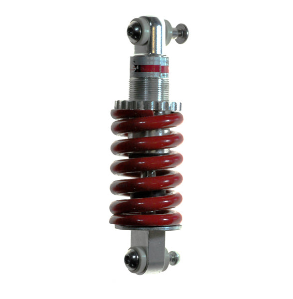 Shock Absorber for eZIP 1000, IZIP I-1000, Schwinn ST1000, featuring a visible red coil spring integrated into a silver metal frame, designed for electric scooters.