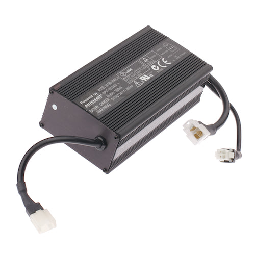 24 Volt 4.0 Amp On-Board Battery Charger for Shoprider Jetstream L and Jetstream M, showing close-up of black electronic device with connected wires, designed for efficient battery charging.