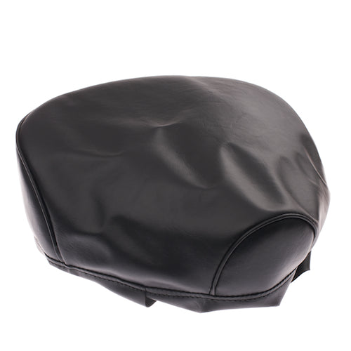 Short Seat Cover for Honda Cub C50, Cub C90, and Passport C70, featuring black leather material and silk-screened Honda logo on the back, designed to cover seat damage with terelyene foam.